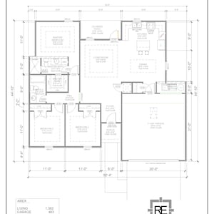 Może przedstawiać: Szczegółowy plan architektoniczny zatytułowany "Modern 50' x 45' House Plan". Plan zawiera wymiary, układy pomieszczeń i etykiety dla obszarów takich jak sypialnia główna, kuchnia, salon i garaż na dwa samochody. Całkowita powierzchnia wynosi 183,57 metrów kwadratowych.