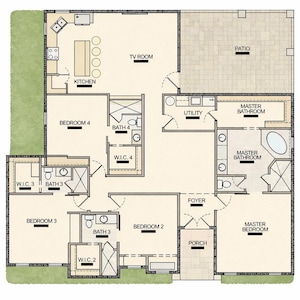 May include: Architectural floor plan of a house with multiple rooms, including a kitchen, TV room, bedrooms, bathrooms, and a patio. The layout is detailed with labeled spaces and features, showcasing the design and arrangement of the home.