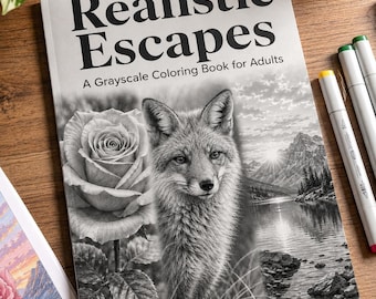 May include: A softcover coloring book titled Realistic Escapes: A Grayscale Coloring Book for Adults. The cover features a black and white illustration of a rose, a fox, and a mountain lake landscape. Three markers are placed to the right side.