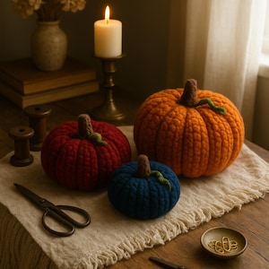 Op de afbeelding: Drie handgemaakte gehaakte pompoenen in oranje, rood en blauw liggen op een crèmekleurige doek. De oranje pompoen is de grootste, met een bruine steel en groene rank. Een brandende kaars en een vintage schaar staan ook op de foto.