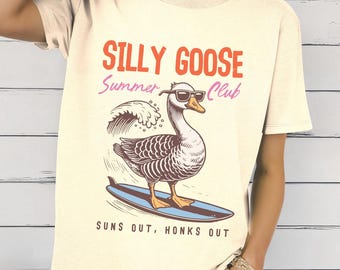 Funny Goose Graphic Tee: Surfing Duck, Beach Animal Shirt