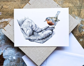 Blank Card - The Gardener and the Robin - Christmas or Winter Card