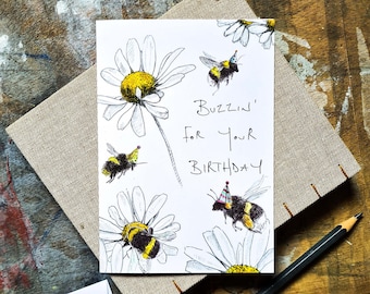 バンブルビーの誕生日カード - パーティーの蜂とヒナギク