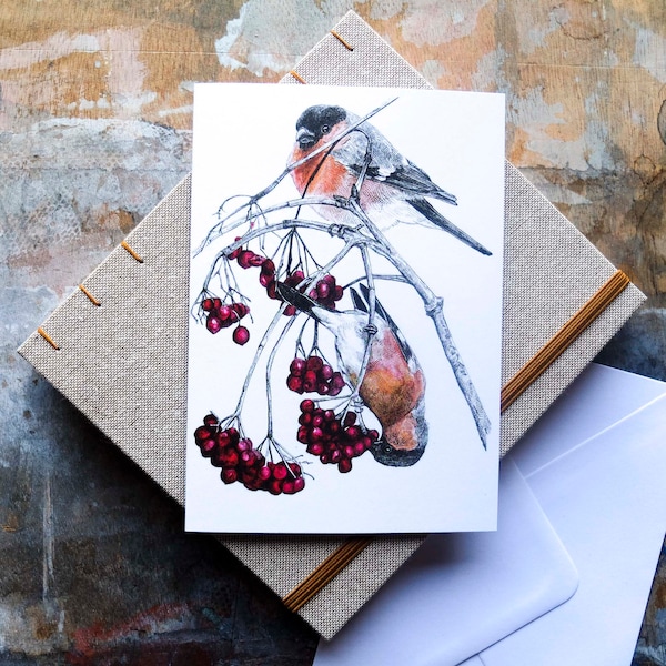 Tarjeta en blanco: camachuelos y bayas rojas: tarjeta de pájaro de Navidad o de invierno