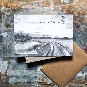 No canto do campo - cartão em branco - design envolvente, impressão de paisagem de inverno