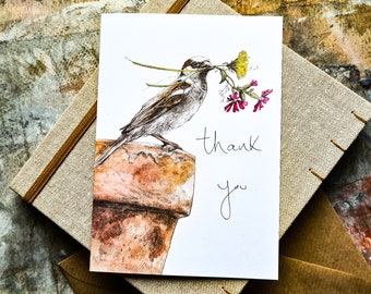 Thank You card - sparrow and wildflowers - blank inside