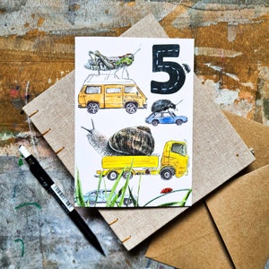 Carte de cinquième anniversaire - 5 ans - petites voitures, insectes, escargots, intérieur vierge