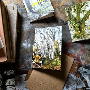 Peut inclure: Une carte de vœux rectangulaire présentant une illustration détaillée d'une personne portant un manteau jaune à motifs, assise sur une balançoire suspendue entre des arbres dénudés dans une forêt, près d'autres cartes et une enveloppe brune.