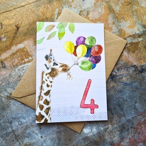 Vierde verjaardagskaart - 4 jaar oud - girafverjaardagskaart, 4, blanco van binnen