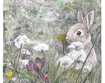 Spring Bunny print by Hannah Longmuir - square spring flowers print