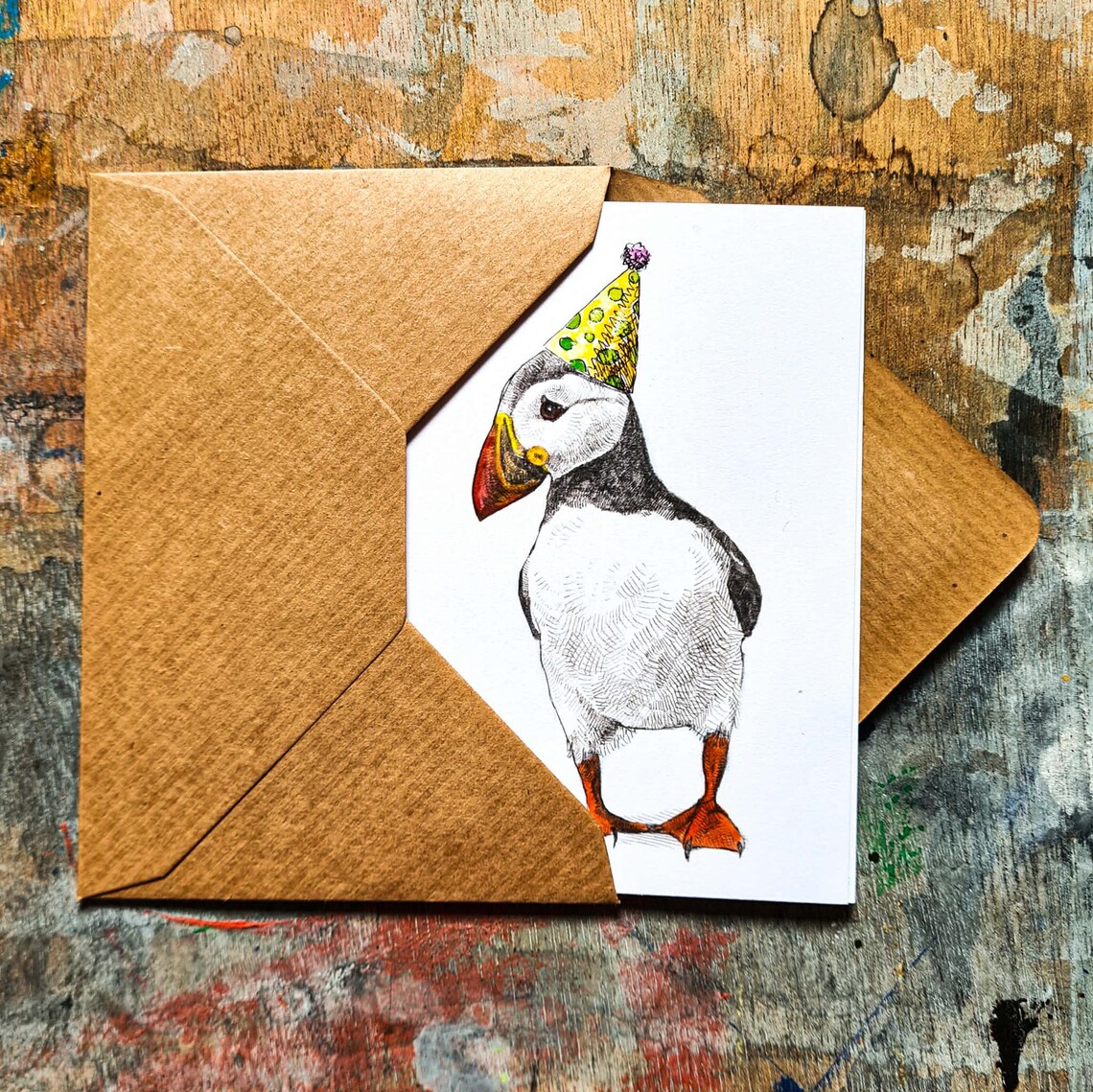 Mini Puffin Pattern Banknote Party Hat Puffin: Mini Birthday Card (A7) - Etsy