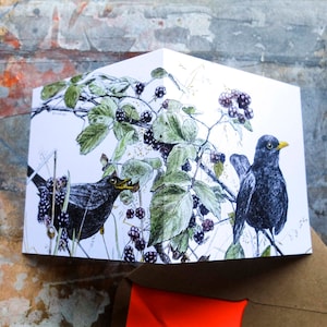 Merli e rovi - Un giardino per la fauna selvatica, cartolina avvolgente, arte naturalistica autunnale