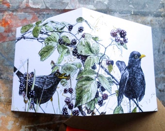 Blackbirds and Brambles - A Garden for Wildlife wrap-around card, autumn nature art