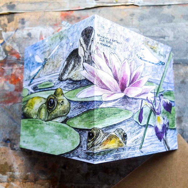 The Pond Card - A Garden for Wildlife wrap-around card, summer nature art