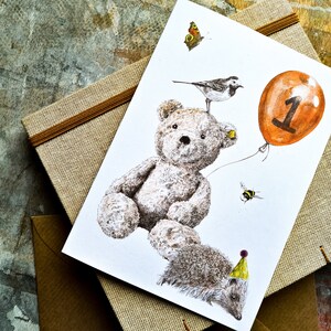 Karte zum Geburtstag - Teddybär, Igel, Ballon - One Today - innen blank