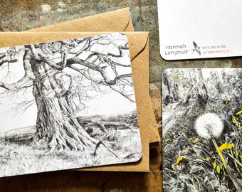 Into the Woods - a pack of 12 postcards with envelopes - woodland and trees drawing, mini woodland prints