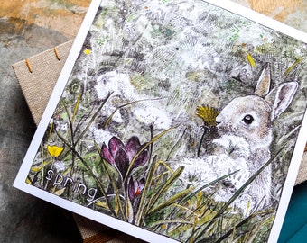 Spring Card - Blank Inside, bunny rabbit and spring flowers