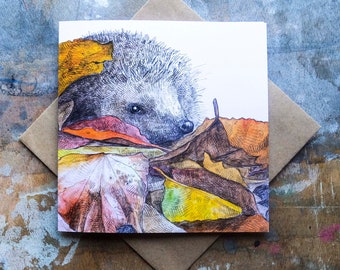 Leaf Piles - A Garden for Wildlife wrap-around card, autumn hedgehog