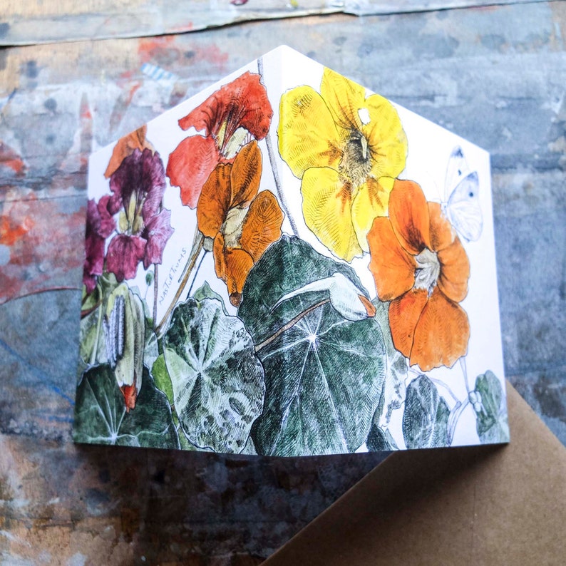 Nasturtiums Card A Garden for Wildlife wrap-around card, botanical garden print image 1