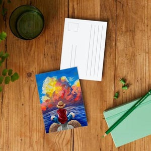 Navegando – Cartão postal de fã inspirado em Luffy – Cena do oceano pintada à mão