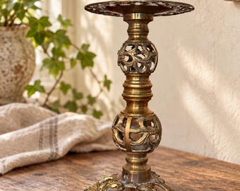 Vintage Brass Pillar Candle Holder, Ornate Filigree Pedestal Candlestick, Footed Brass Stand, Gothic Cottagecore Decor