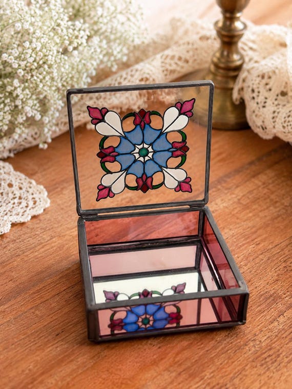 Vintage Stained Glass Jewelry Box | Pink Floral Leaded Keepsake Vanity Decor