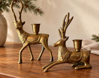 Brass Reindeer Candle Holders Set of 2, Standing and Resting Deer, Christmas Taper Candlesticks, Woodland Holiday Mantel Decor