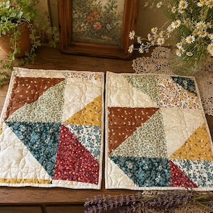 Pair of Handmade Quilted Patchwork Cottagecore Table Mats Floral Farmhouse Decor