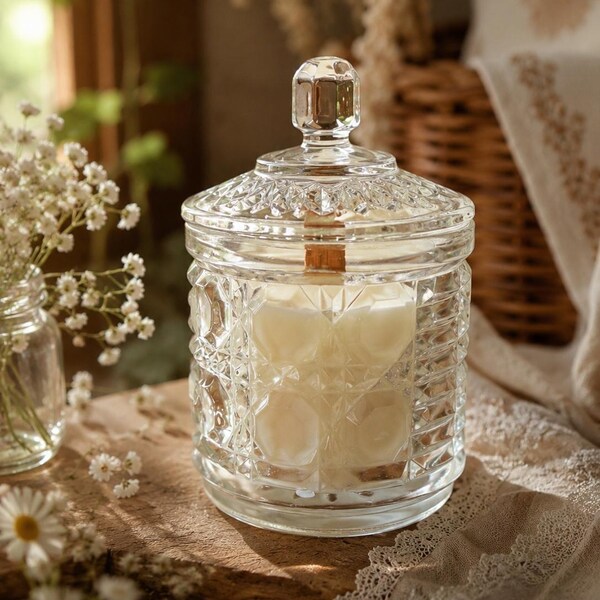 Upcycled Vintage Glass Candy Jar Candle | Crackling Wood Wick, Clean Scent