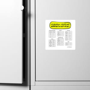 May include: A white square magnet with the text "COMMON COOKING ABBREVIATIONS" in a yellow bubble. The magnet lists cooking methods, weight, volume, temperature, and other common cooking abbreviations.