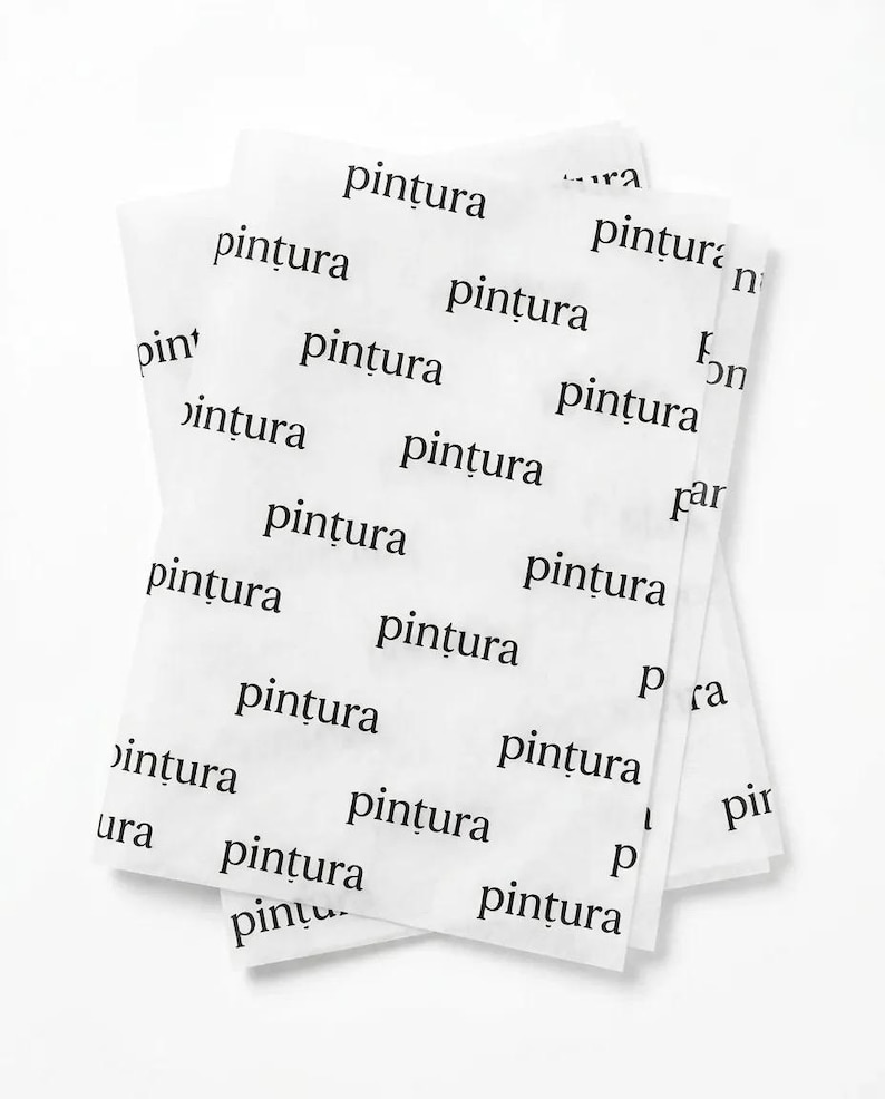 May include: A stack of translucent white tissue paper sheets featuring a repeating pattern of the word "pintura" printed in a black serif font. The lightweight paper is layered, creating a semi-transparent effect with the text visible throughout.