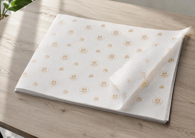 May include: A stack of white tissue paper sheets featuring a repeating pattern of circular brown logos. Each logo contains a small graphic of a burger and the text Urban Bite. The top sheet is partially folded back to reveal the layers underneath.