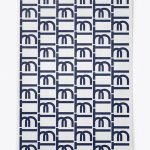 May include: A rectangular print featuring a repeating pattern of dark blue geometric shapes on a white background. The design consists of vertical columns of stylized, interconnected letter-like forms arranged in a structured, grid-like layout.