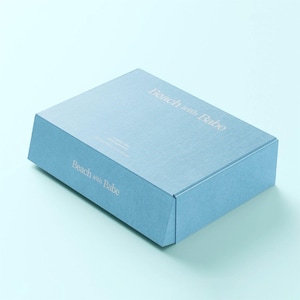 May include: A light blue rectangular cardboard shipping box with a hinged lid. The text "Beach with Babe" is printed in white on the top and front side of the box. The box has a smooth, matte finish and a clean, structured design.