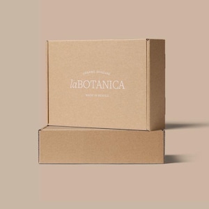 May include: A rectangular cardboard shipping box with a light brown finish. The top lid features white printed text that reads "ORGANIC SKINCARE laBOTANICA MADE IN MEXICO" centered on the front panel of the box, which is stacked on a base.