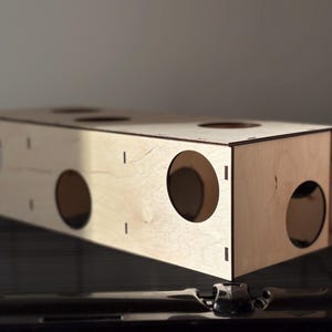 Può includere: Una scatola rettangolare di legno con molteplici aperture circolari. La scatola è costruita in legno chiaro e presenta diversi fori grandi e distanziati sui lati e sulla parte superiore. Il design suggerisce un habitat per animali domestici o una soluzione di stoccaggio.