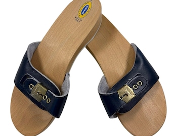Sandalias clásicas de plataforma de madera Dr Scholl's vintage para mujer, talla 9, azul marino