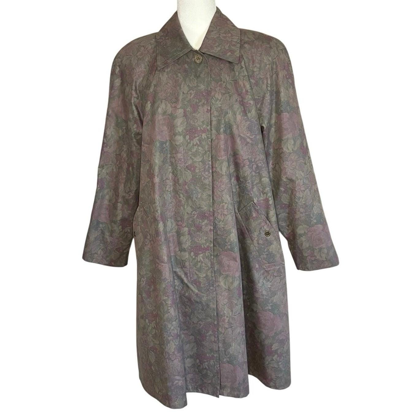 London Fog, Vintage 80s London Fog Raincoat Women's 10 Dusty Floral Print Trench Coat