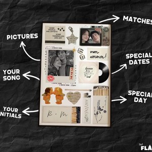 Op de afbeelding: Een ingelijste collage met foto's, lucifers en decoratieve elementen. Bevat de tekst "Some people are artists, some themselves are art", "mon amour!" en "est01/02/2014". Bevat de initialen "R.M."