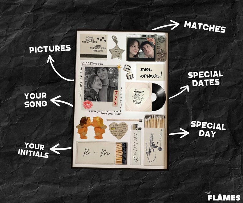 Op de afbeelding: Een ingelijste collage met foto's, lucifers en decoratieve elementen. Bevat de tekst "Some people are artists, some themselves are art", "mon amour!" en "est01/02/2014". Bevat de initialen "R.M."