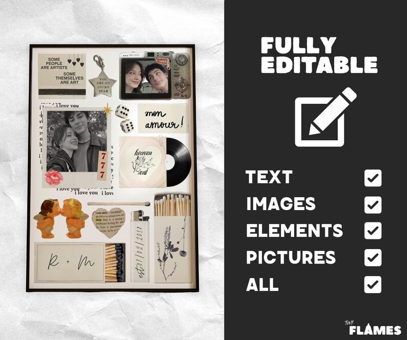 Op de afbeelding: Een ingelijste collage met foto's, tekst en decoratieve elementen. Bevat een zwart-witfoto van een stel, dobbelstenen, een vinylplaat en de tekst "mon amour!". De tekst "FULLY EDITABLE" wordt aan de rechterkant weergegeven.