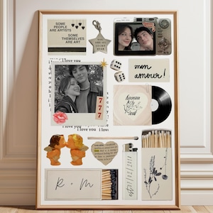 Op de afbeelding: Een ingelijste collage met foto's, dobbelstenen, een vinylplaat en lucifersdoosjes. Tekst bevat "Some people are artists", "mon amour!" en "est. 07/02/2011". De collage heeft een vintage esthetiek.