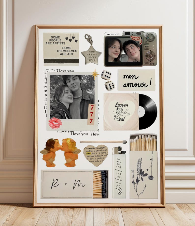 Op de afbeelding: Een ingelijste collage met foto's, dobbelstenen, een vinylplaat en lucifersdoosjes. Tekst bevat "Some people are artists", "mon amour!" en "est. 07/02/2011". De collage heeft een vintage esthetiek.