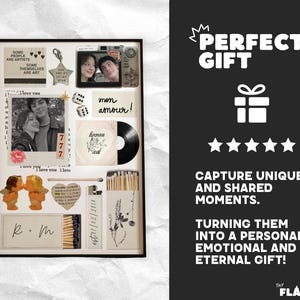 Op de afbeelding: Een ingelijste collage met foto's, een vinylplaat en lucifers. De collage bevat zwart-wit foto's van een stel, dobbelstenen en de tekst "mon amour!" en "heaven". De tekst "PERFECT GIFT" is ook zichtbaar.