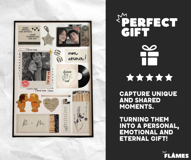 Op de afbeelding: Een ingelijste collage met foto's, een vinylplaat en lucifers. De collage bevat zwart-wit foto's van een stel, dobbelstenen en de tekst "mon amour!" en "heaven". De tekst "PERFECT GIFT" is ook zichtbaar.