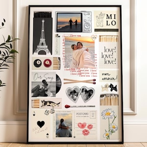 May include: A framed collage with romantic themes. It features photographs of couples, postcards, and matchboxes with the words "love" and "mon amour." Other elements include a camera, Eiffel Tower, and a cat illustration.