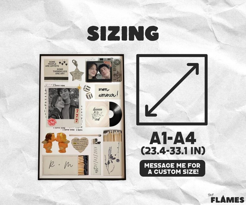 Op de afbeelding: Een ingelijste collage met foto's, tekst en decoratieve elementen. De tekst bevat "SOME PEOPLE ARE ARTISTS" en "mon amour!". De afmeting is A1-A4 (59,4-84,1 cm).