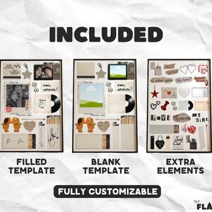 Op de afbeelding: Een afbeelding met drie ingelijste sjablonen met verschillende elementen. De eerste is een ingevuld sjabloon met foto's, een plaat en tekst. De tweede is een leeg sjabloon. De derde bevat extra elementen. Tekst luidt "INCLUDED" en "FULLY CUSTOMIZABLE".