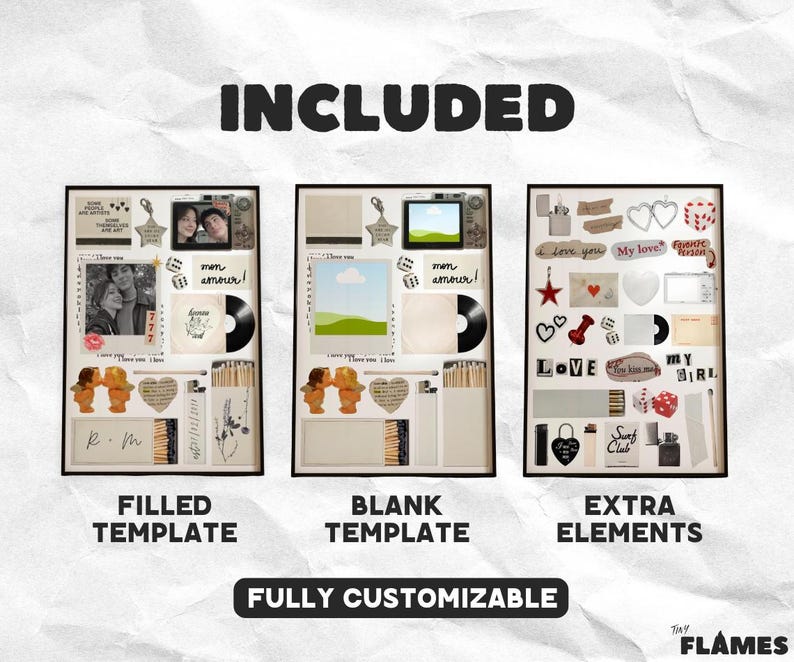 Op de afbeelding: Een afbeelding met drie ingelijste sjablonen met verschillende elementen. De eerste is een ingevuld sjabloon met foto's, een plaat en tekst. De tweede is een leeg sjabloon. De derde bevat extra elementen. Tekst luidt "INCLUDED" en "FULLY CUSTOMIZABLE".