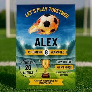 Football Birthday Invitation Template – Editable in Canva – Boy’s Football Party – Digital Download – Green Stadium Design